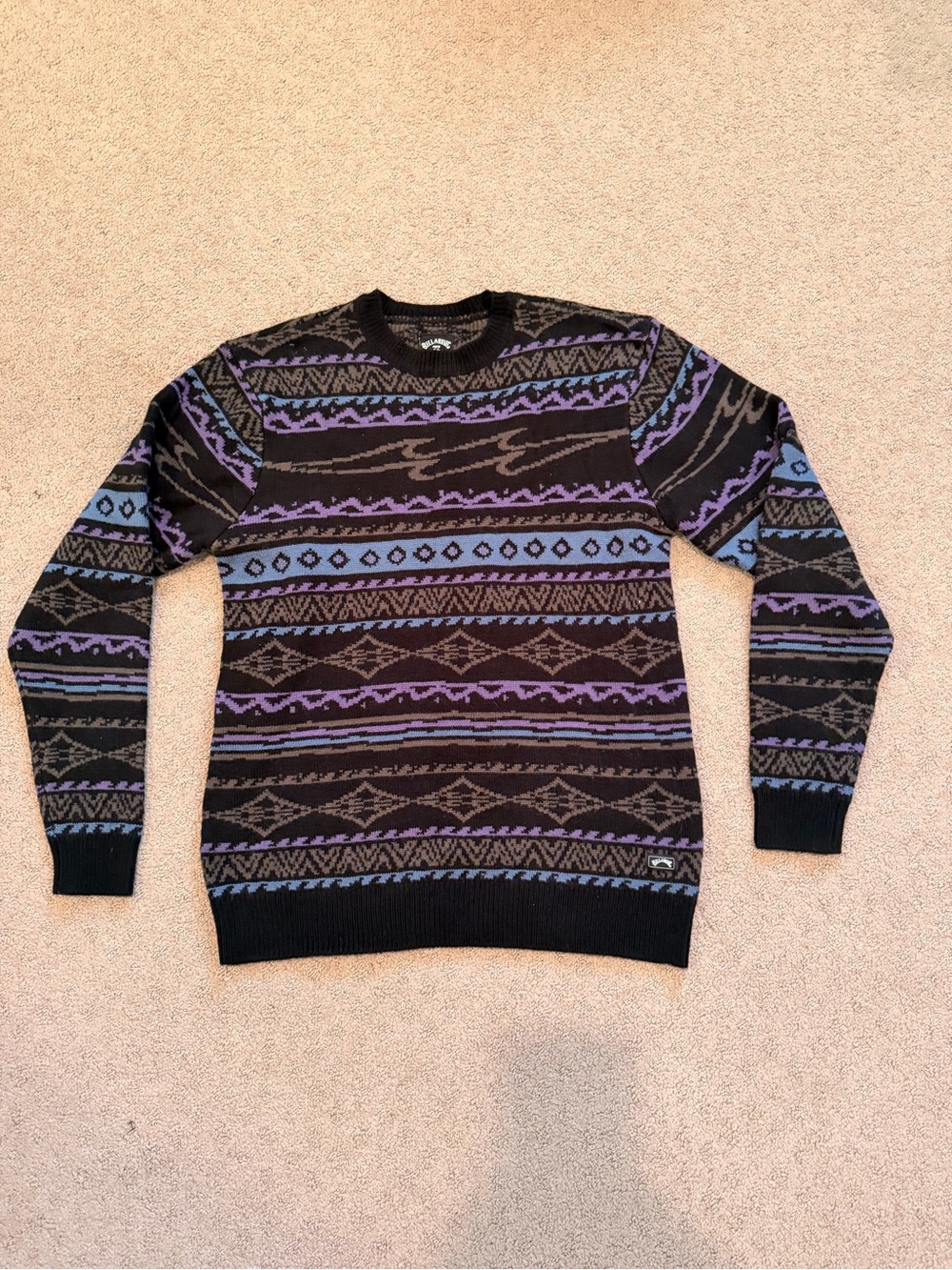 Billabong Men's Black Crewneck Sweater with Purple & Blue Pattern